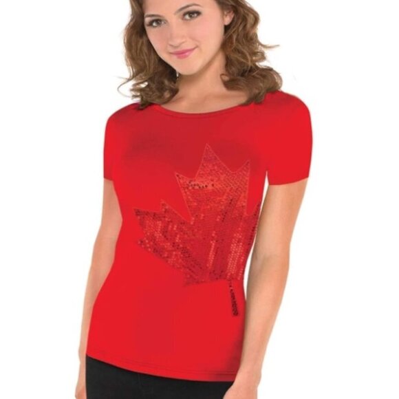 Canadian Maple Leaf Red Sequin Shirt, S/M - Picture 1 of 4